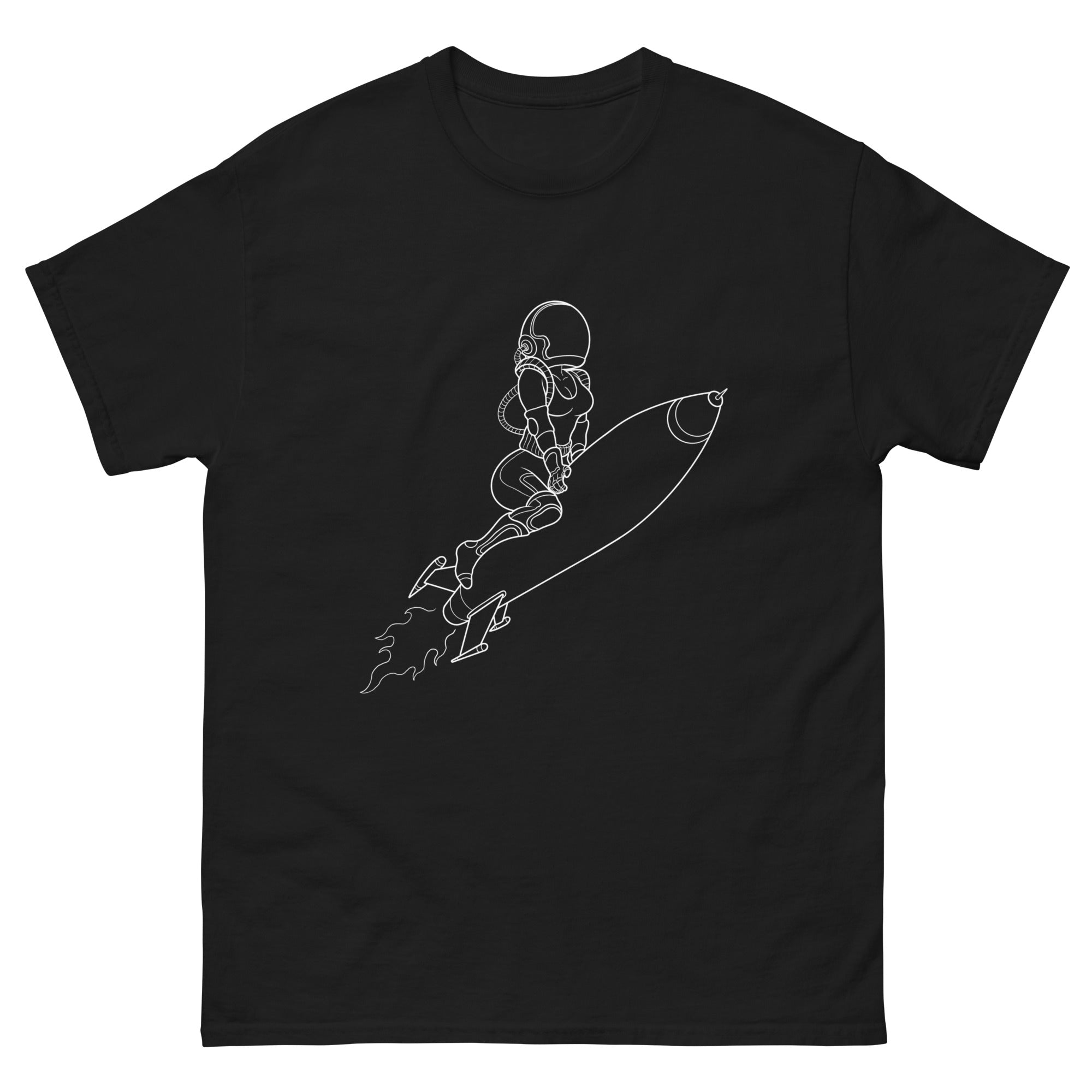 SPACE BABE ON SHARK ROCKET - LINE ART T SHIRT – ALFS BODY ART